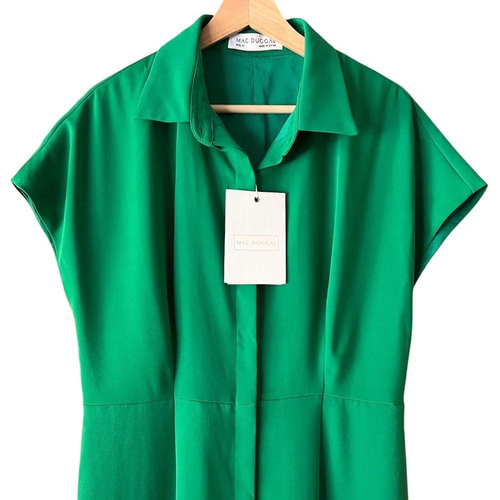 NWT Mac Duggal Crepe Collar Short Sleeve Green Midi Dress - NO BELT - Picture 4 of 11